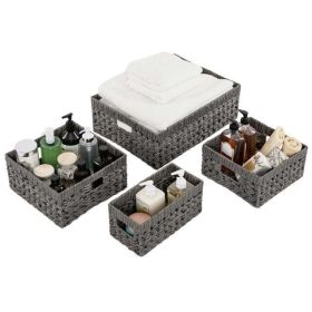 Handwoven Faux Wicker Storage Baskets Organizer Set, 4 Pack, Modern Gray