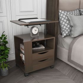 Multifunctional Height Adjustable Overbed End Table Wooden Nightstand with Swivel Top, Storage Drawers, Wheels, and Open Shelf (Color: Brown)