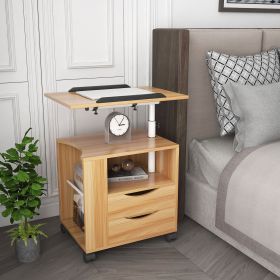 Multifunctional Height Adjustable Overbed End Table Wooden Nightstand with Swivel Top, Storage Drawers, Wheels, and Open Shelf (Color: Wood)