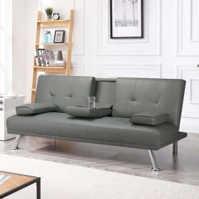 LuxuryGoods Modern Faux Leather Futon with Cupholders and Pillows (Color: Gray)